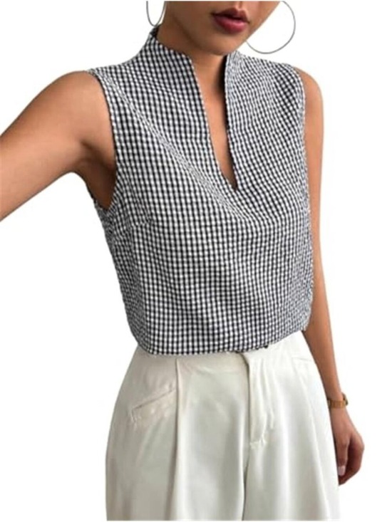 Tops - Women's Deep V Neck Black & White Sleeveless Work Tops Tank Tops Blouse